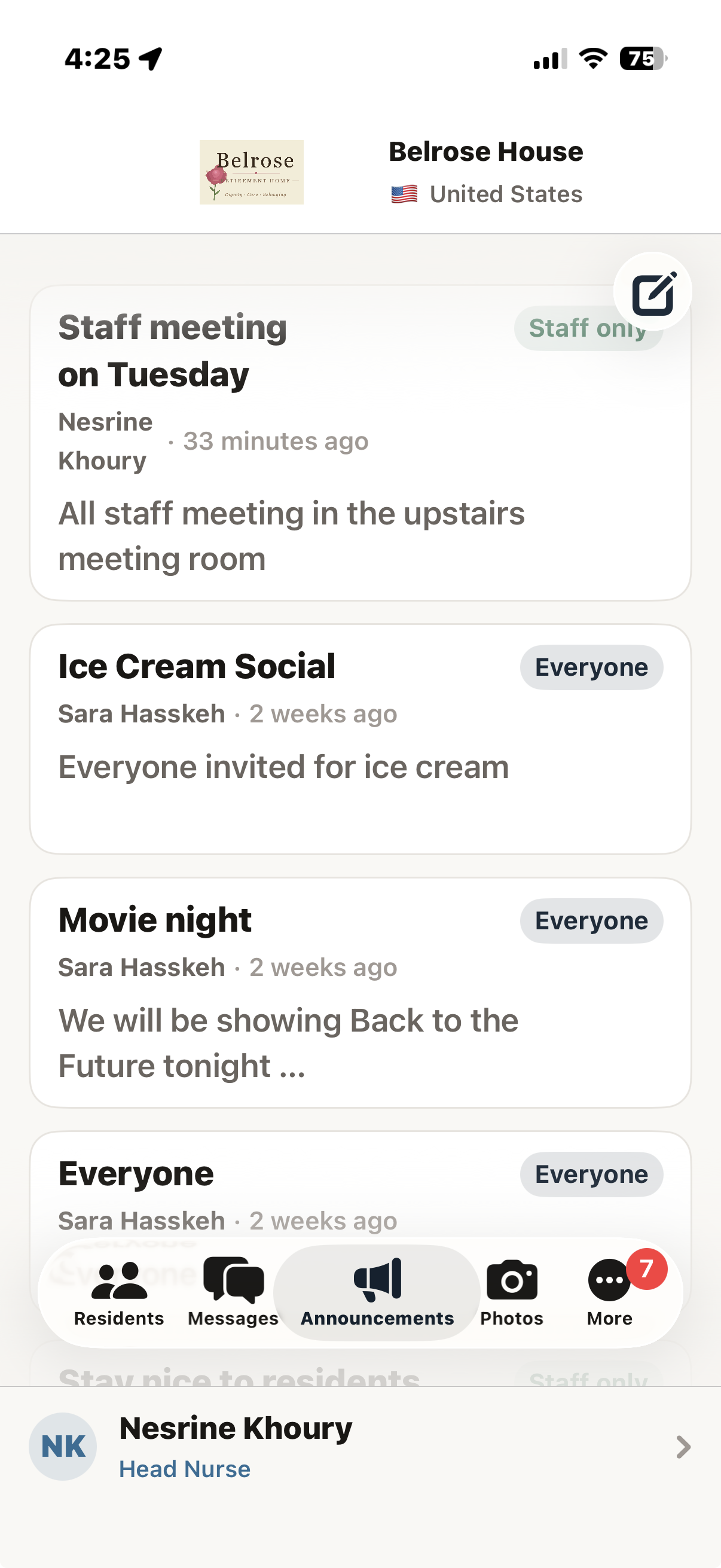 Announcements screen with staff and family posts