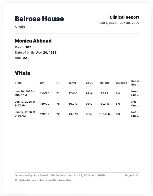 Printable clinical report with vitals and medications