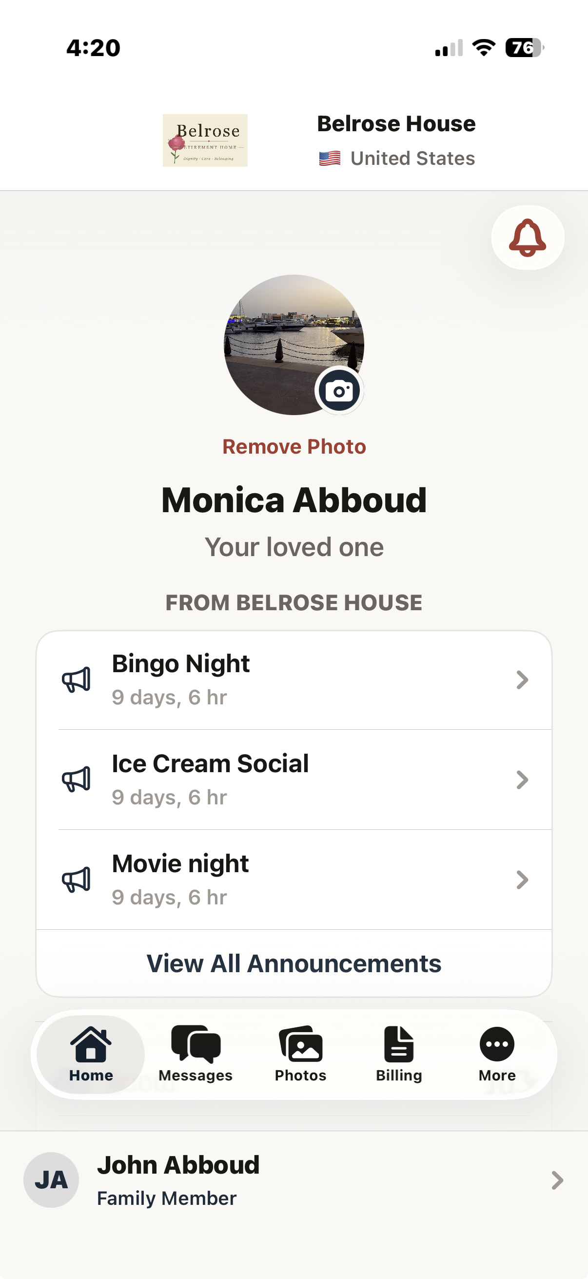 Family home screen showing resident card and announcements