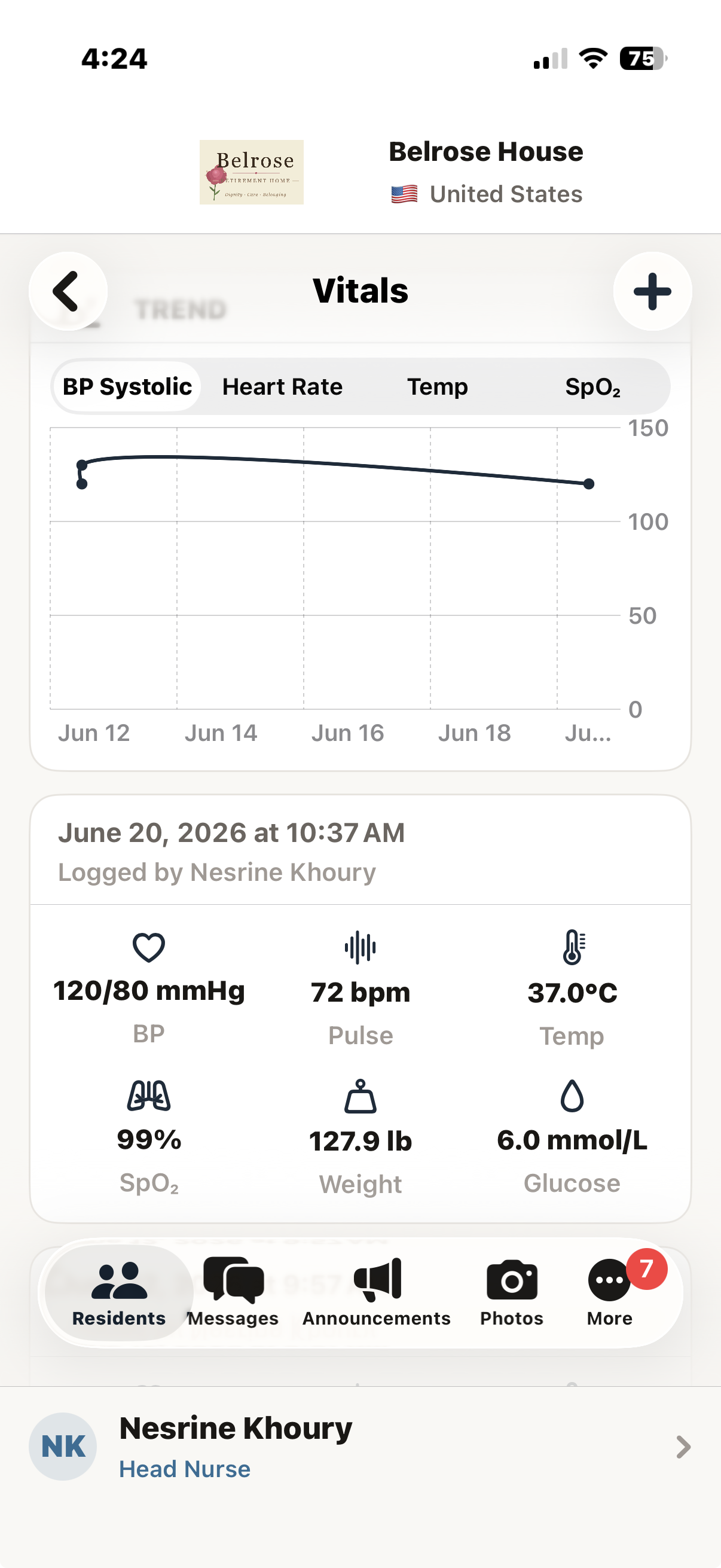 Health vitals screen with trend chart